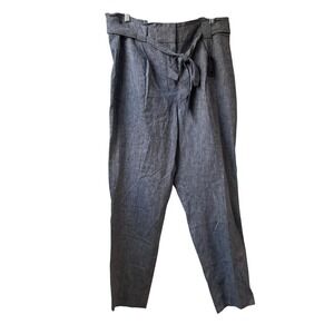 Express Linen Pants Womens 14 Blue High Waist Belted Chambray Ankle Straight Leg